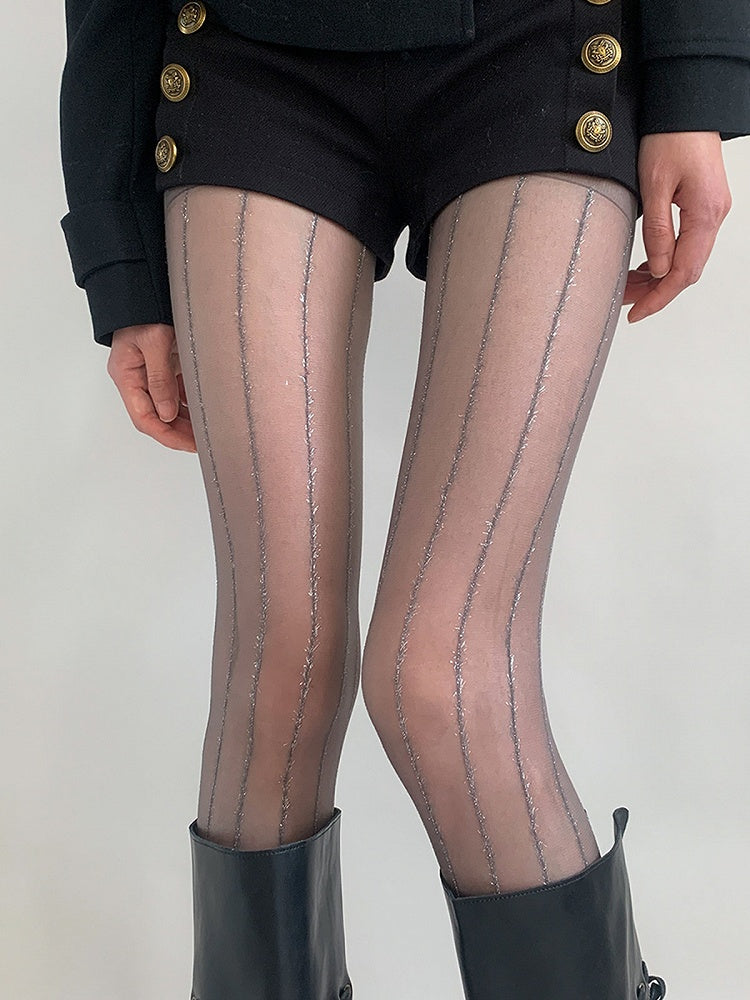 Sheer Glittering Stripe Thread Pantyhose Vertical Silver