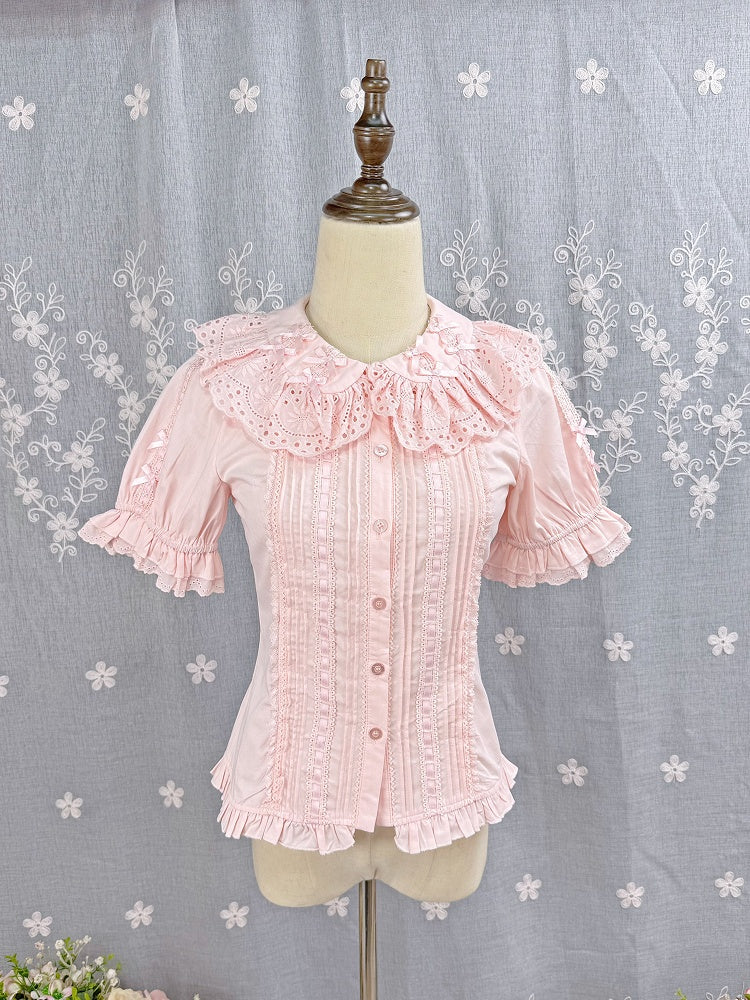 Pink Sweet Lolita Short Sleeve Cotton Blouse Bow Summer