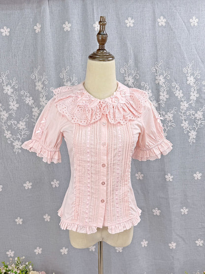 Pink Sweet Lolita Short Sleeve Cotton Blouse Bow Summer