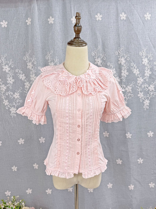 Chemisier rose en coton à manches courtes Lolita doux, nœud, été