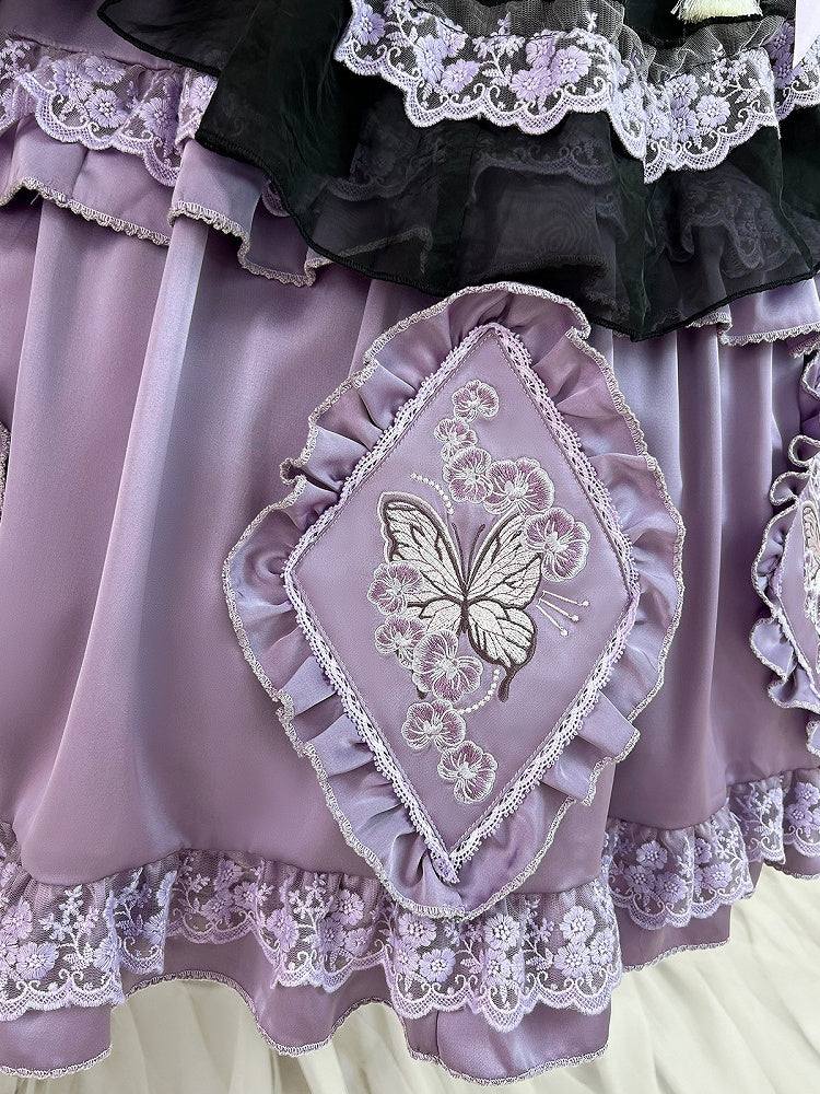 Zarte Schmetterling Schürze Lolita Kleid Schwarz Set Lila Han und Stickerei Voll Floral +