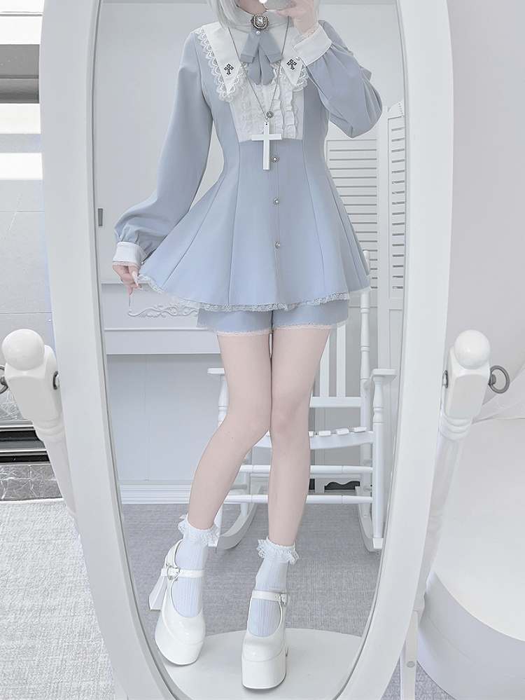 Water Kei Collar Blue Jirai Ensemble: Dress Ethereal Cross-Embroidered