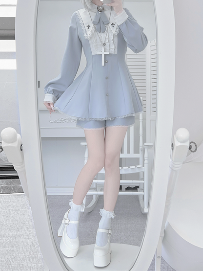 Water Kei Collar Blue Jirai Ensemble: Dress Ethereal Cross-Embroidered