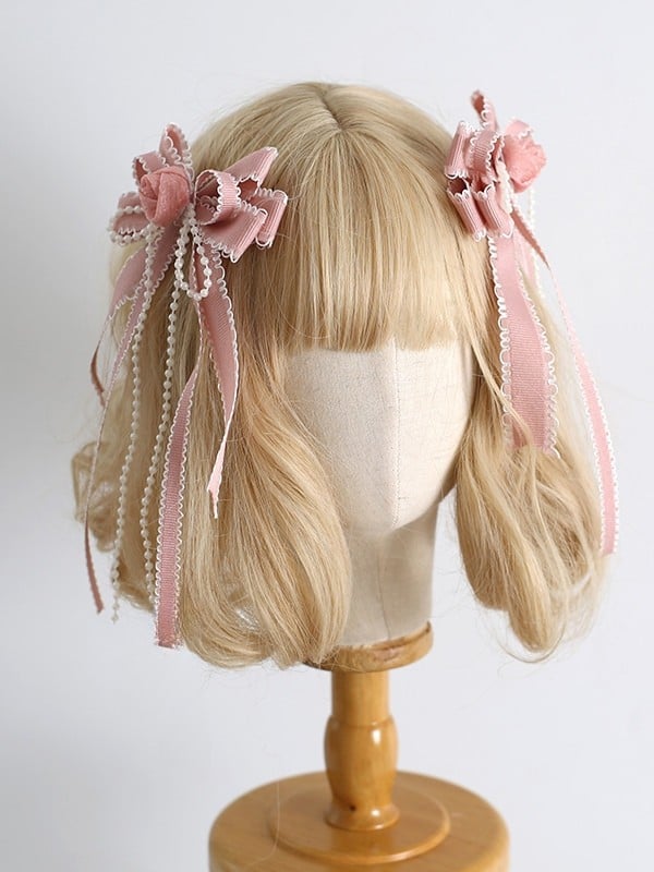 Floral Decorated Sweet WhitePink Beaded Bowknot Design Hairclips Lolita