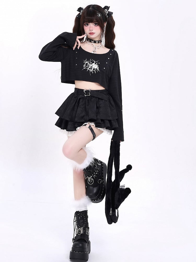 Tiered Black Pattern Bowknots Skirt