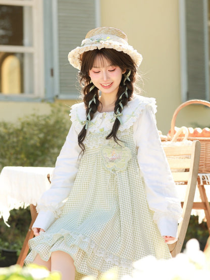 Green and White Plaid Ruffle Hem Overalls Mori Kei Dress