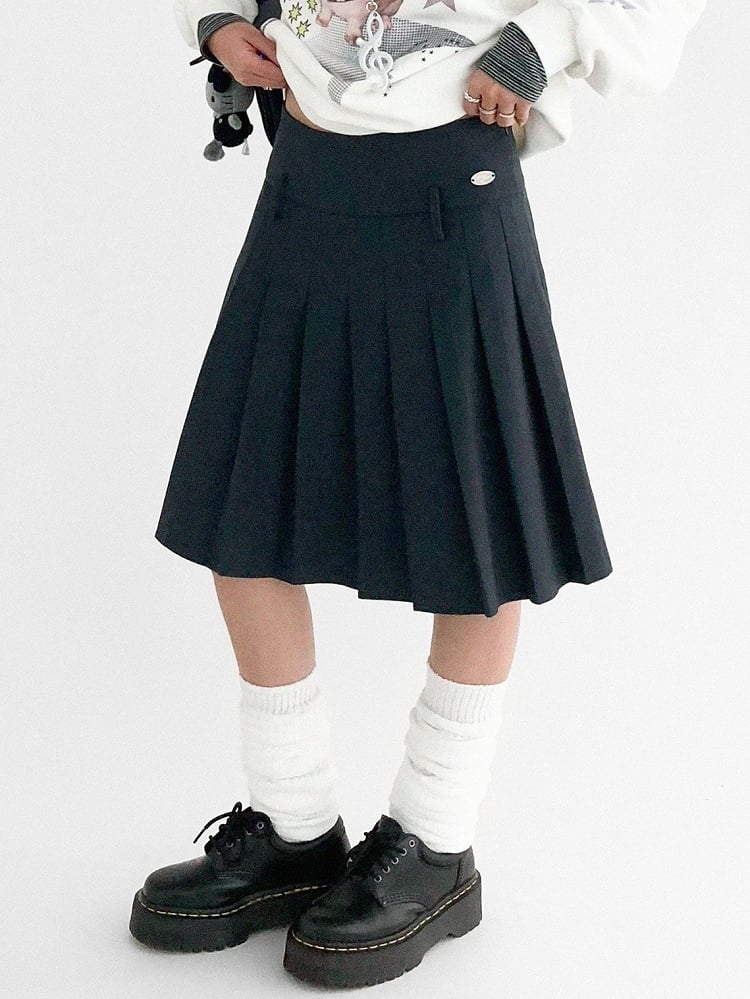 Pleated Side Dark Zip Skirt Preppy Gray with Style Concealed