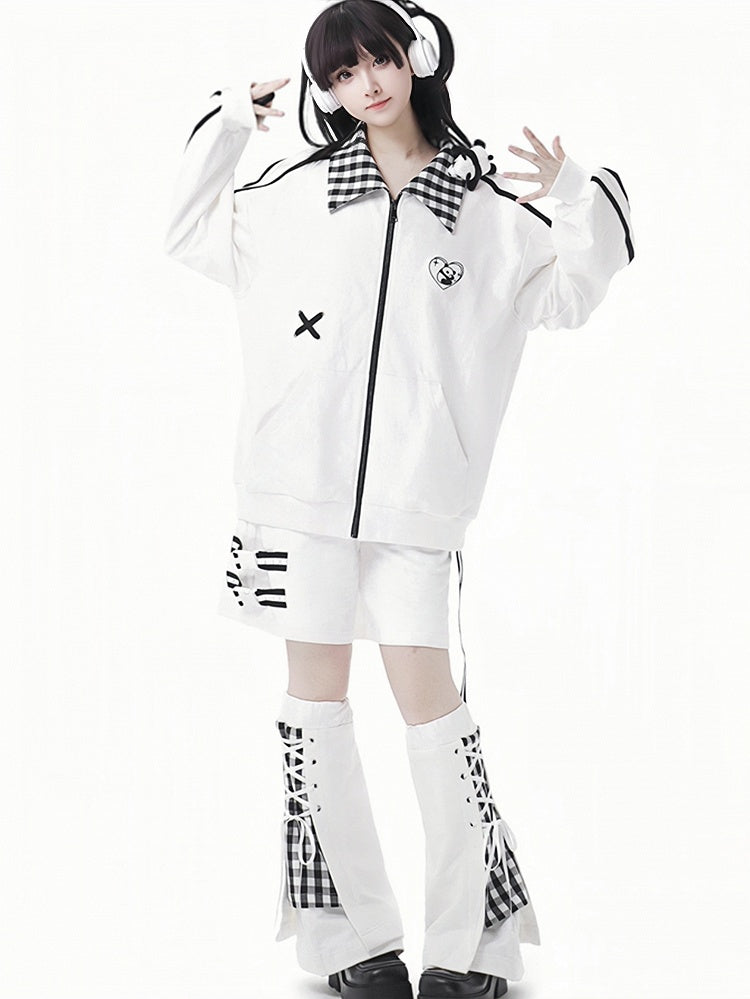 White Plaid Pattern Lace-up Details Leg Warmers