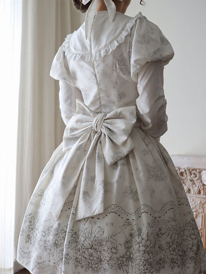 White and Piece Bodice Short Bowknot One Floral Embroidery Classic Version Lolita