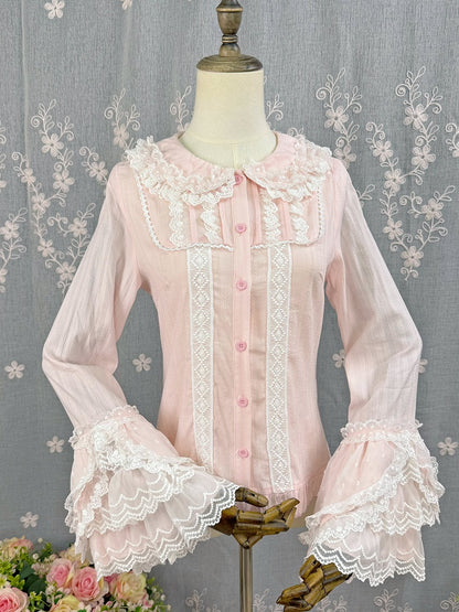 Sleeves Blouse Pink Lolita Bell Jacquard Cotton Long