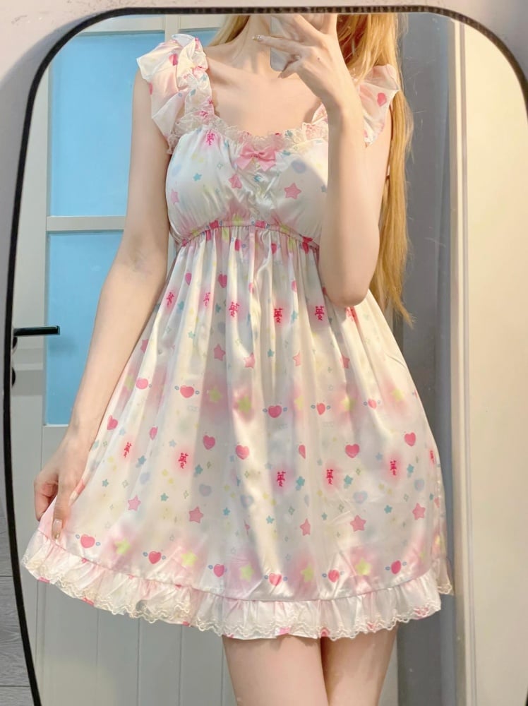 ホワイトのスイートハートと星柄のパジャマドレス