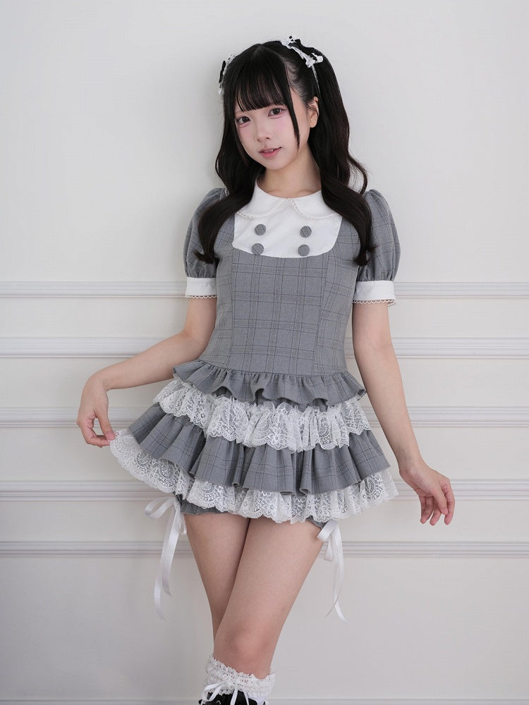 Gray Plaid Two-piece Set - Peter Pan Collar Top + Lace Ruffle Tiered Skirt - Landmine Style - No Genki