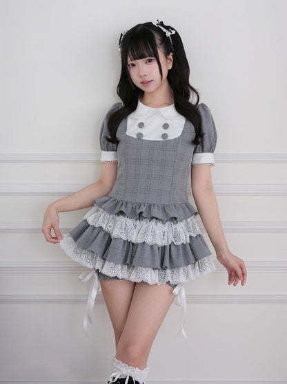 Gray Plaid Two-piece Set - Peter Pan Collar Top + Lace Ruffle Tiered Skirt - Landmine Style - No Genki