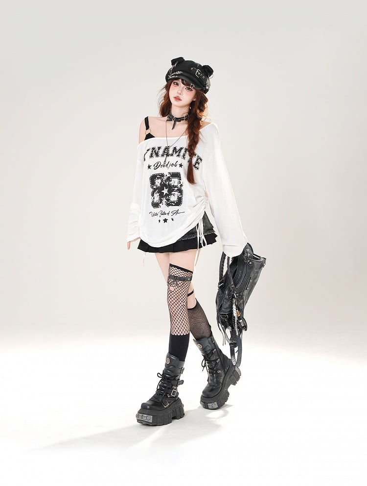 Seitlicher asymmetrischer Ausschnitt mit Zahlen- und Buchstabendruck und Kordelzug