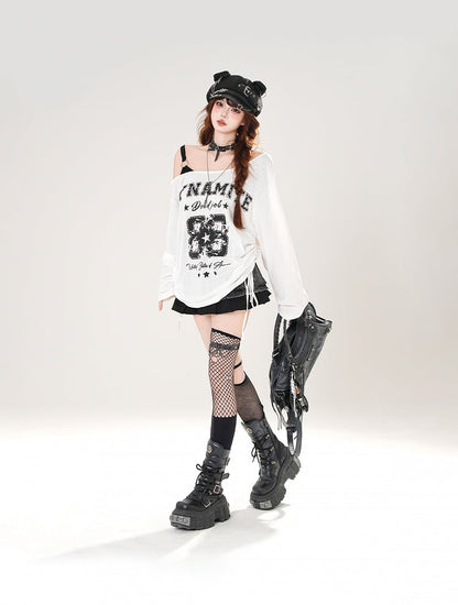 Seitlicher asymmetrischer Ausschnitt mit Zahlen- und Buchstabendruck und Kordelzug