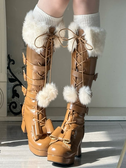 Light in Zip/Buckle Mid-heel with Boots Winter Boot Lolita PU Elegant Collar Brown Plush Details Ornate Lace