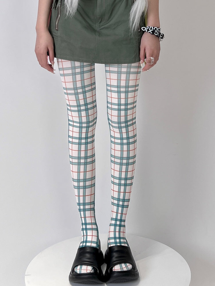 Tights Plaid Y2K WhiteGreen/Purple