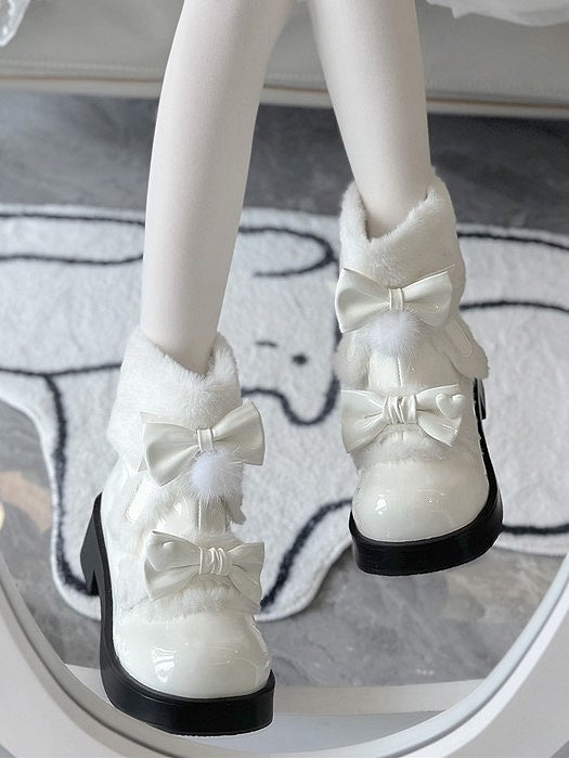 Decor Lolita Lining Boots - Sweet Snow Bow White Fleece
