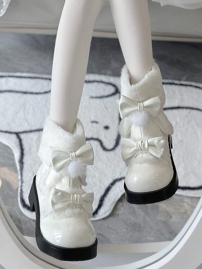 Decor Lolita Lining Boots - Sweet Snow Bow White Fleece