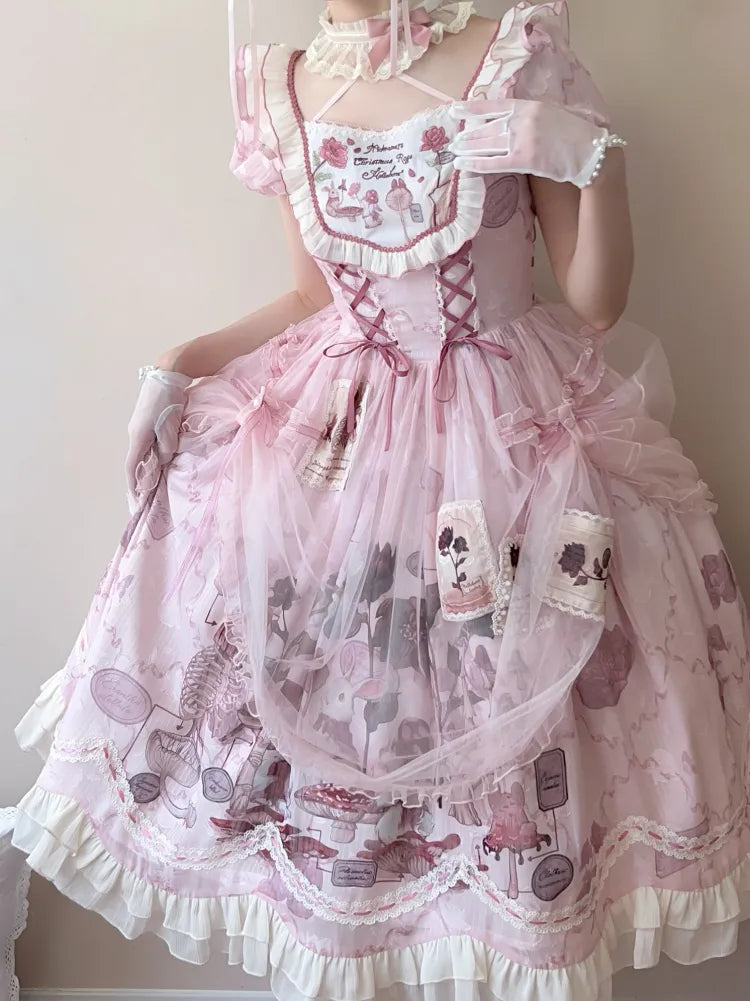 Taille gewellt rosa Trim Bunny Edge Prinzessin Kleid Rock Lolita Print Rüschen Baskisch
