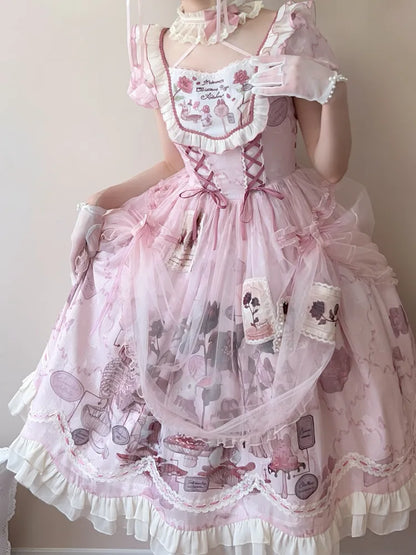 Taille gewellt rosa Trim Bunny Edge Prinzessin Kleid Rock Lolita Print Rüschen Baskisch