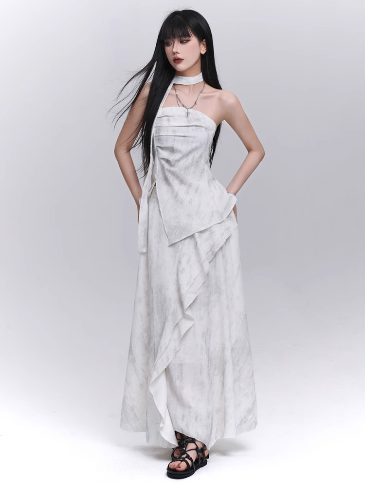 Off-white Side Strapless Top / Elastic Waist Scarf Slit with