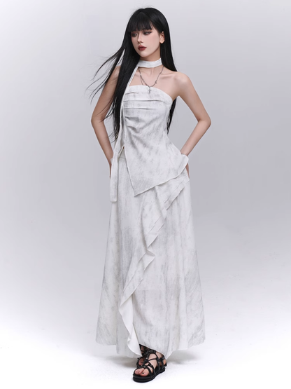 Off-white Side Strapless Top / Elastic Waist Scarf Slit with