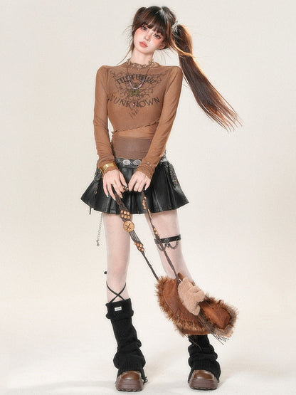 Glamorous – Oberteil mit Buchstaben- und Bittersüß-Print, Ärmeln und Sternenmuster, Braun, lang