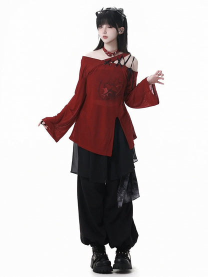 Slit Lace-up Asymmetrical Neckline Red Graphic Coverup Hem