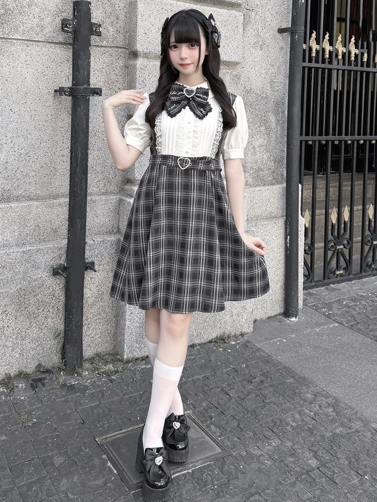 Faux Black Tie Design Jirai Detachable Two-Piece Dress Belt Heart Buckle Bow with Plaid Kei