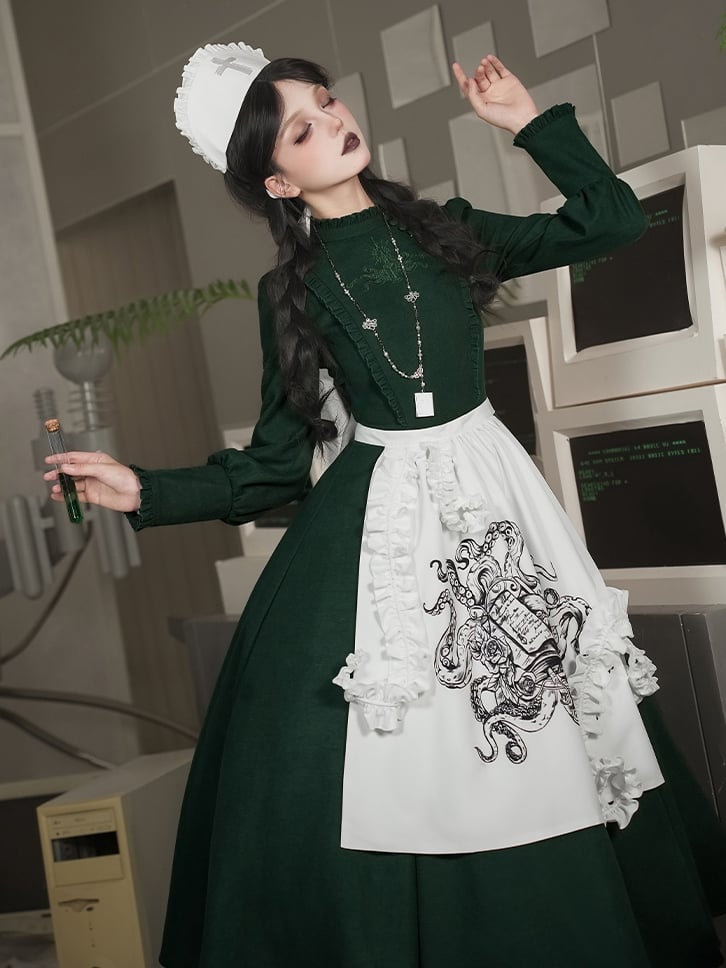 Dark Green Cthulhu Gothic Lolita OP Set – Tentacles + Apron + Nurse Hat + Necklace | With PUJI