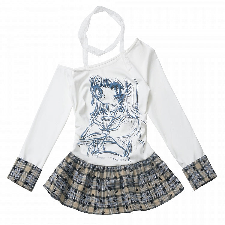 Asymmetrical Neckline Anime Girl Print Plaid Patchwork White/Red Design Top