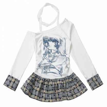 Asymmetrical Neckline Anime Girl Print Plaid Patchwork White/Red Design Top