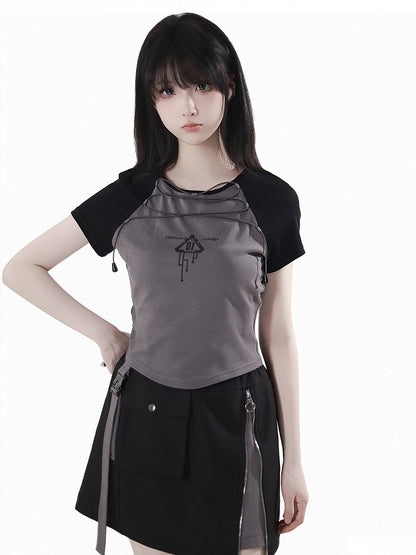 Gray Colorblock Design and Black Techwear T-shirt Lace-up Front