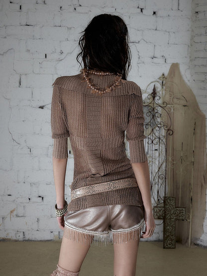 Pink-Brown Star V-Neck Knit Top with Hollow Out - NO ROMANCE