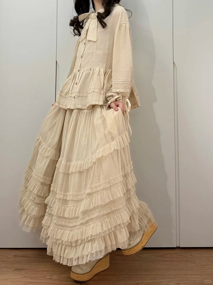 Jupe multicouche en tulle beige élégant à ourlet volanté ample Lolita