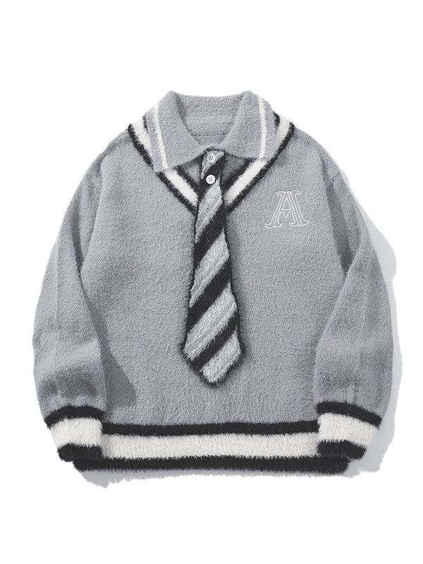 グレー/ホワイトのポロカラー プレッピースタイル セーター（ニットタイ付き）