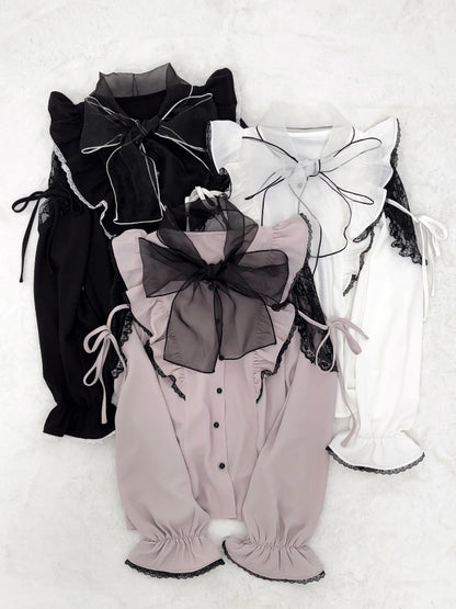 Jirai Kei Black/White/Dusty Cutout Shoulder Blouse Bow Neckline Big Pink