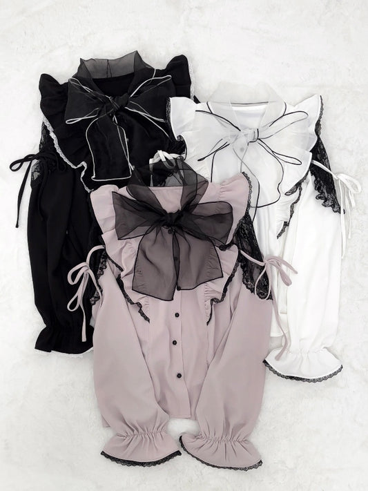 Jirai Kei Black/White/Dusty Cutout Shoulder Blouse Bow Neckline Big Pink