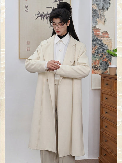 in Style Beige Chinese Coat Vent Design Unisex Front Buttoned Scarf Side Set with