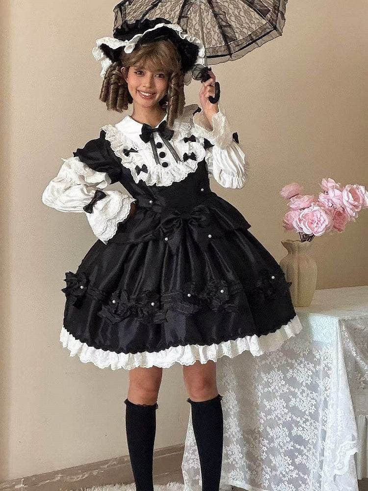 Details Dress with White Sweet Bead Trimmed Black Lolita Lace and Bow