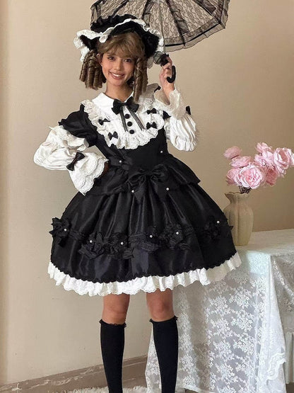 Details Dress with White Sweet Bead Trimmed Black Lolita Lace and Bow