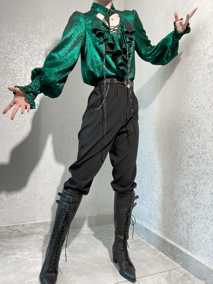 Pirate Bodice Long Cascading Shirt Ruffle Sleeves Green Ouji Lolita Vibes