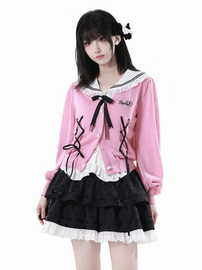 水玉模様のティアードスカート レース ホワイトトリム ブラック