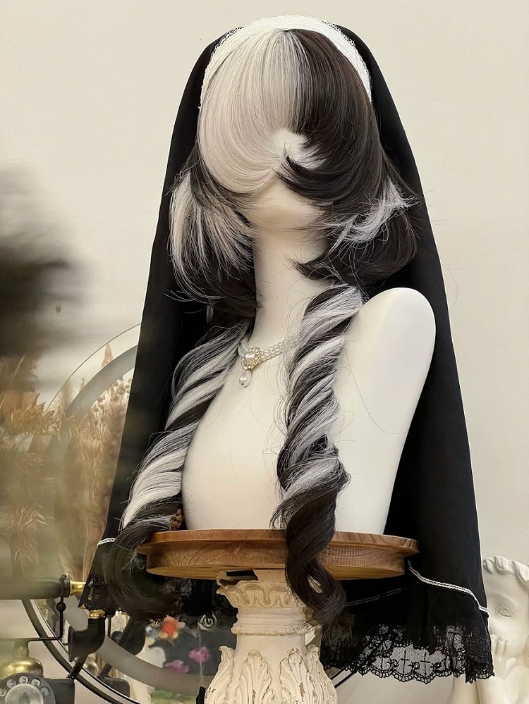 Black-White Mixed 74cm Roman Curly Full Bangs Wig - Alice Garden