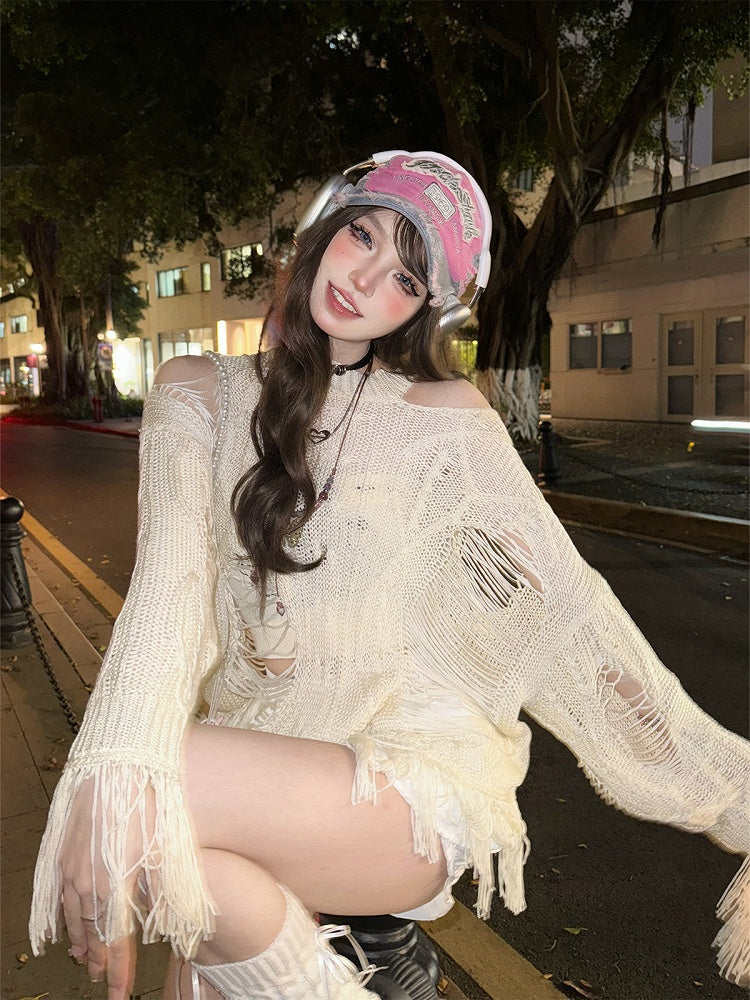 Asymmetrical Distressed Beige Knit Top with Hollow-Out Detail