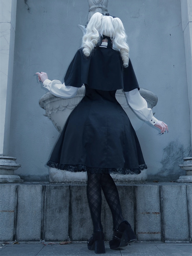Black & Gold Cross Print Cape Design Gothic Dress Nun Lolita OP