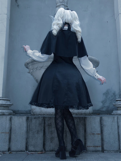 Black & Gold Cross Print Cape Design Gothic Dress Nun Lolita OP