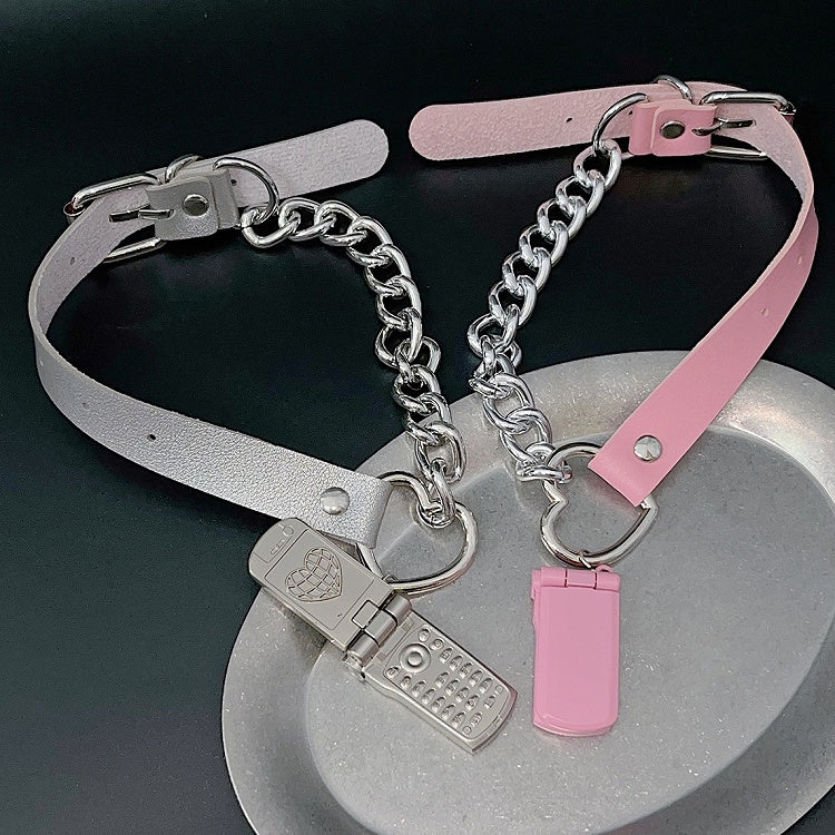 PU Pink/Silver Phone Y2K Pendant Choker