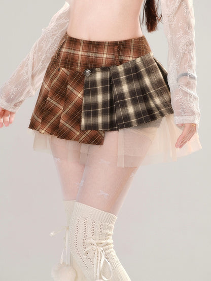 ブラウンプリーツミニチェック柄パッチワークスカートデザインメッシュ